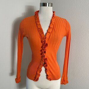 Anne Fontaine Womens 40 Orange Ribbed Ruffle Parfaite Cardigan Sweater Cotton